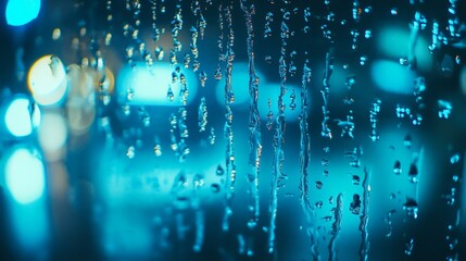 Poster - Rivulets of rain flow down a glass windowpane at night, illuminated by the blurred blue and turquoise glow of city lights in the background, creating a mesmerizing abstract pattern