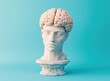 © rahmatkhoirul - Photo of an antique Greek sculpture head with the brain floating above it on a blue background, a minimal concept, with copy space for text and product display.