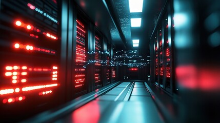 Poster - Glowing Data Network Connection Lines in Modern Server Room