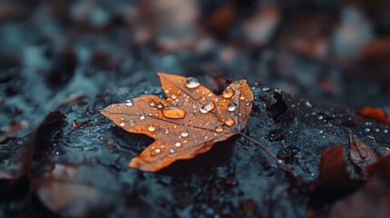 Poster - Close up of a wet orange maple leaf lying on a dark, wet surface, covered in glistening raindrops reflecting the surrounding autumnal scene
