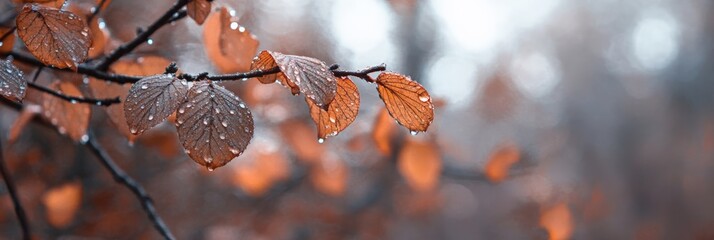 Poster - Sparkling rain drops clinging to orange autumn leaves on a branch on a misty, rainy autumn day, creating a serene and beautiful natural scene