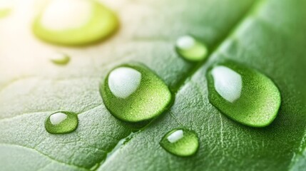 Aufkleber - Sparkling water droplets rest on a vibrant green leaf, creating a mesmerizing close up of nature's beauty, illuminated by a soft, warm light