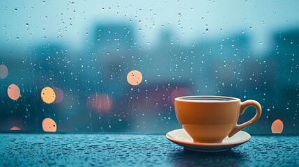 Aufkleber - Steaming coffee resting on a windowsill on a rainy day, overlooking blurred city lights, creates a cozy atmosphere perfect for relaxation and comfort during autumn evenings