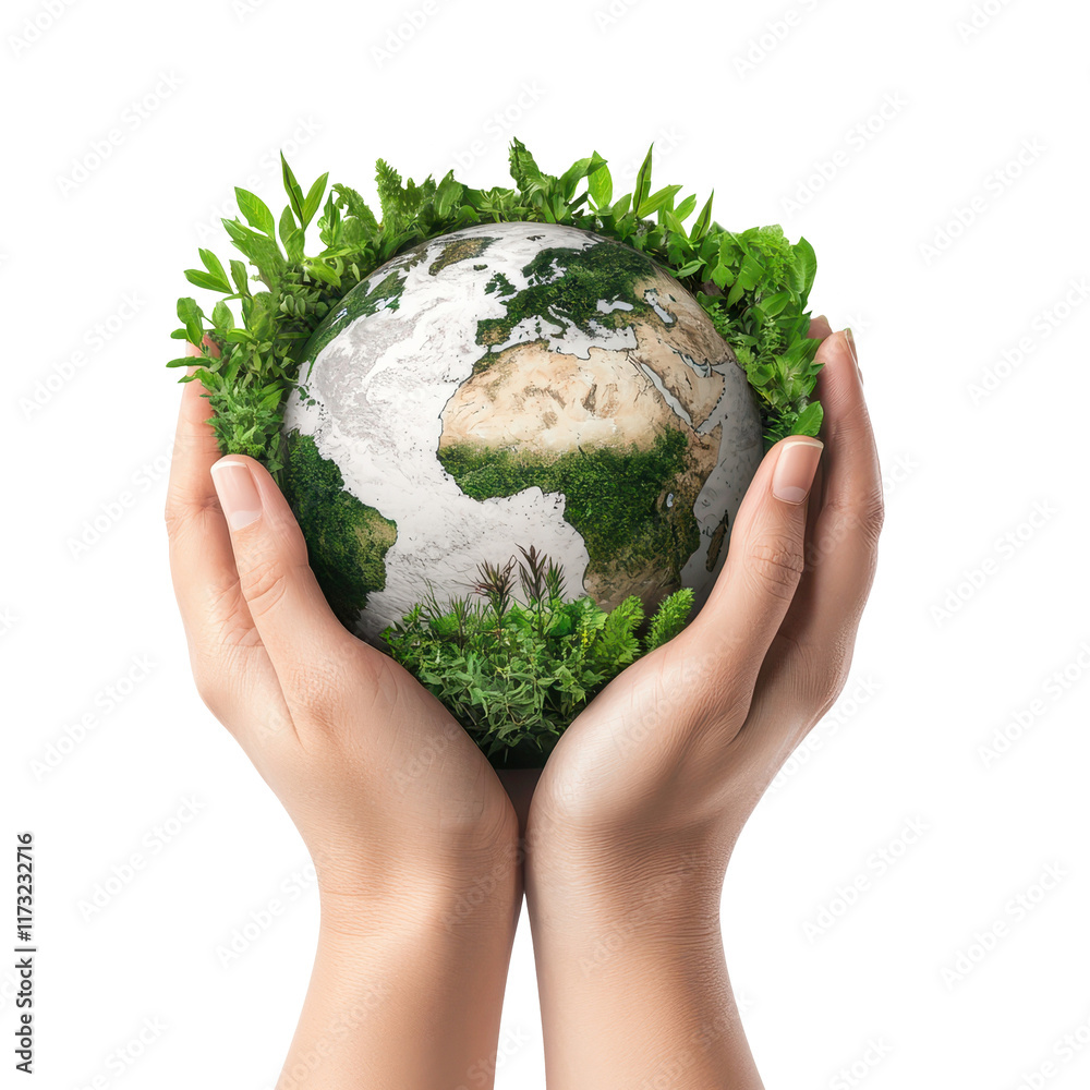 Hands holding a green earth with plants growing around on a transparent ...