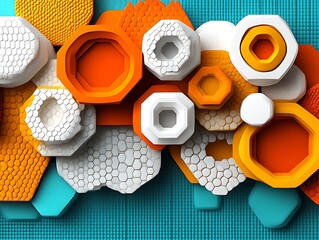 Abstract 3D orange, white, and teal hexagonal shapes.