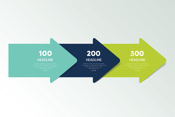 Fototapete - Three step arrow template for presentation. 3 steps options, elements, infographic.