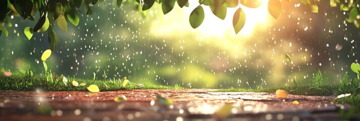Poster - Rain is falling on a stone surface with green grass and leaves, creating a refreshing and peaceful scene illuminated by the sun shining through the branches of a tree