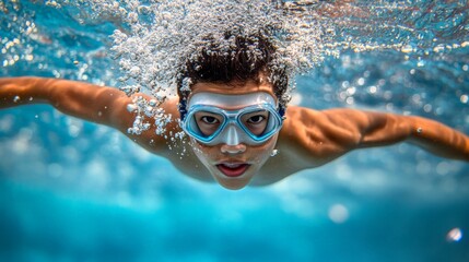 Aufkleber - Swimmer glides underwater with goggles, surrounded by bubbles and rippling water, capturing the dynamic movement and vibrant hues of an aquatic environment