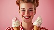 © Watanabe - Smiling woman with ice cream cones, capturing fun and retro charm