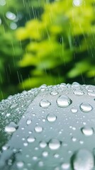 Poster - Rainwater is dripping on a waterproof material, creating beads of water on the surface, with blurred green foliage in the background during a downpour