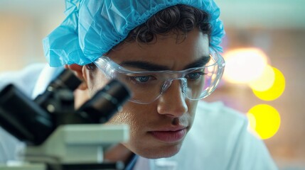 Poster - Young scientist working with microscope in laboratory researching new medicine