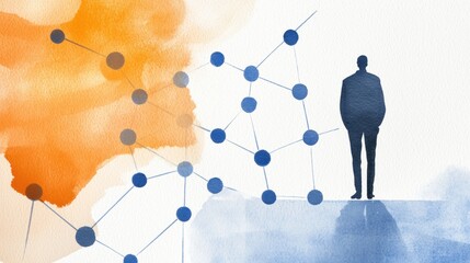 Poster - Silhouette of Businessman Overlooking Abstract Connections and Watercolor Background