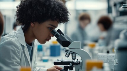 Poster - Young female scientist working with microscope, doing research in modern laboratory