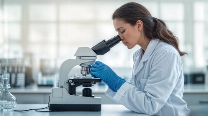 Poster - Scientist using microscope in laboratory researching new medicine