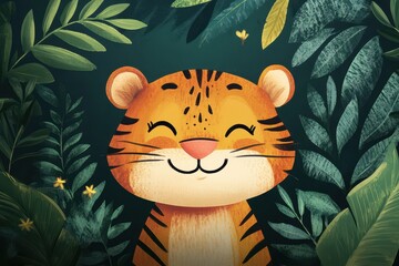 bright and cheerful tiger smiling against a lush green jungle background with vibrant foliage and so