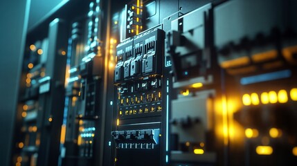 Poster - Futuristic server room glowing with blue and orange lights