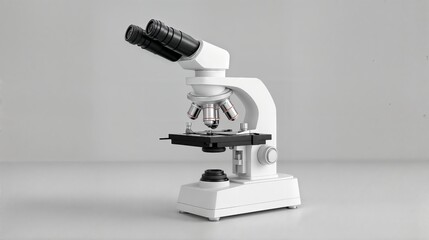 Poster - Modern microscope standing on a reflective surface in a laboratory setting