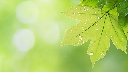 Poster - Close up of a vibrant green maple leaf with glistening dew drops, illuminated by sunlight against a soft focus green backdrop, creating a serene and refreshing natural scene