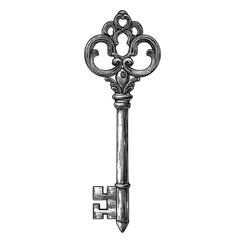 Wall Mural - Ornate vintage key drawing, silver.