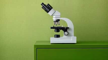 Poster - Modern microscope sitting on green table in laboratory setting