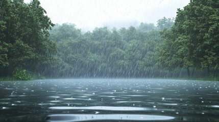 Fototapete - Rain is heavily falling on a body of water creating ripples and droplets, with a lush green forest visible in the background, evoking a tranquil yet powerful natural scene