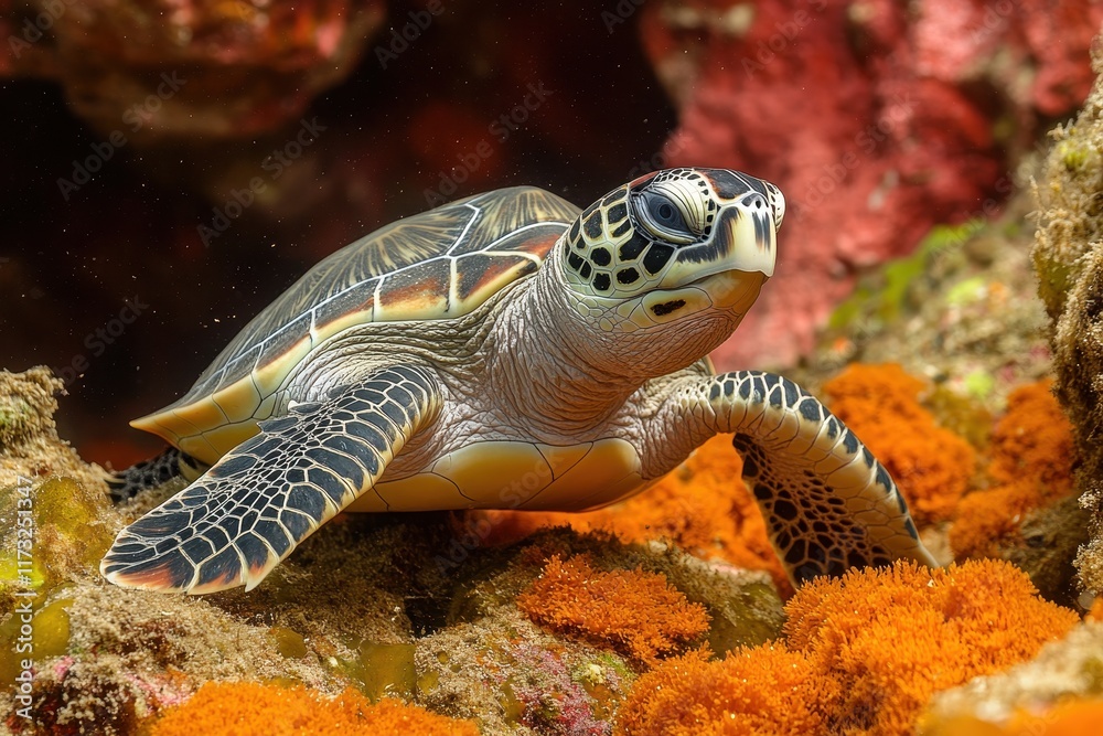 Sea turtle swimming among vibrant coral reefs in crystal clear waters ...
