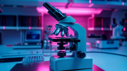 Poster - Modern microscope stands on table in laboratory with neon lighting