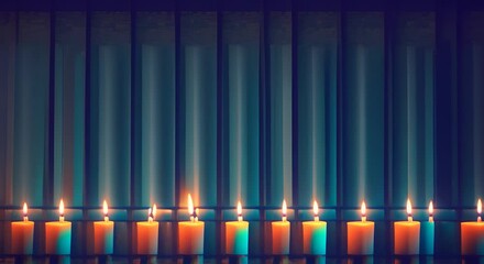 Wall Mural - Lit colorful candles in row burning against teal background smooth animation pan video 4K