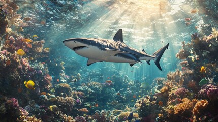 Poster - Sunlight filtering through the water illuminates a shark gliding gracefully above a vibrant coral reef, alive with colorful fish and thriving marine life in a stunning underwater ecosystem