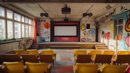 Poster - Abandoned cinema with graffiti-covered walls, yellow chairs, and a projection screen.