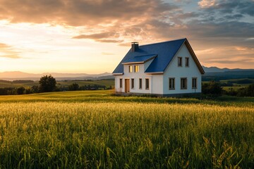Poster - Modern house in a green field at sunset.