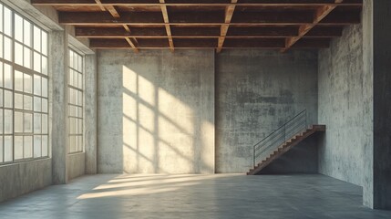 Aufkleber - Sunlit industrial loft interior with large windows, concrete walls, wooden beams, and a metal staircase.