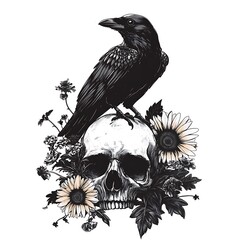 Wall Mural - Crow sits atop a skull surrounded by sunflowers.