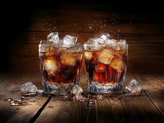 Poster - Two glasses of cola with ice on a wooden table.