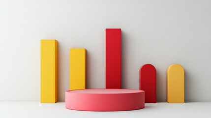 Poster - Red and yellow geometric shapes on a pink platform against a white background.
