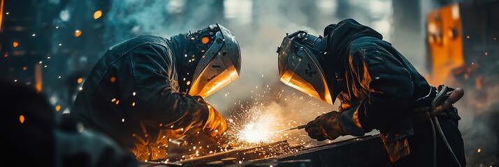 Poster - Two welders working together on a metal construction project, sparks flying.