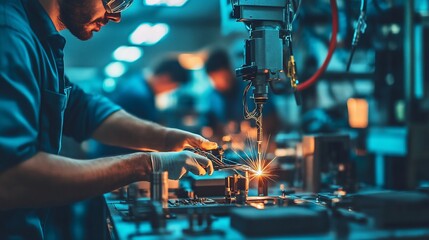Aufkleber - Industrial worker using robotic arm for welding.