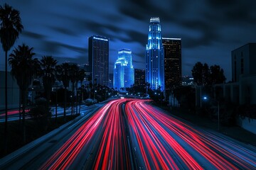 Poster - Night cityscape with light trails on highway.