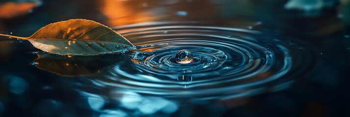 Poster - A single water droplet creates concentric ripples on dark water; an autumn leaf floats nearby.