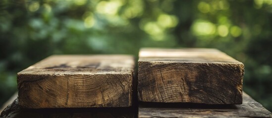 Poster - Two rustic wooden planks on blurred green background.