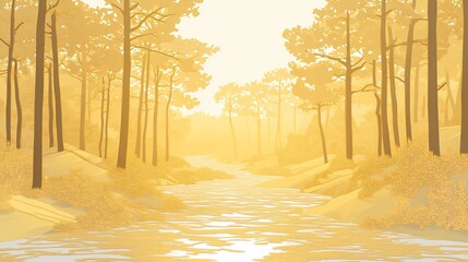 Poster - Golden hour sunlight streams through a tranquil forest, illuminating a calm river flowing through the trees.