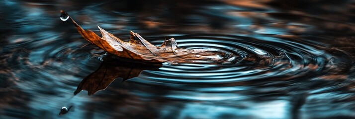 Poster - A single autumn leaf floats on dark water, creating concentric ripples.