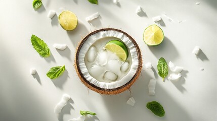 Poster - Refreshing coconut drink with ice, lime, and mint in coconut shell.