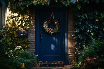Aufkleber - Blue door with autumn wreath, ivy, sunlight.