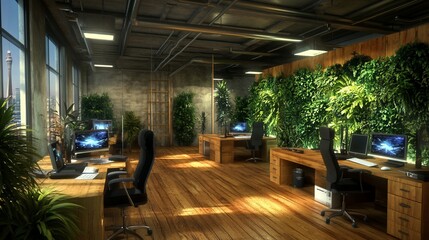 Leinwandbilder - Modern, eco-friendly office interior with wooden desks, green walls, and large windows.