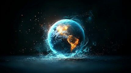 fiber optic and installation concept. A glowing Earth surrounded by a dynamic splash of water effects against a dark background.