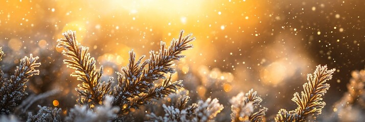 Poster - Frosty winter sunrise illuminating snow-covered evergreen branches.