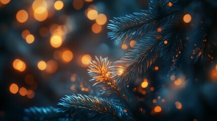 Poster - Close-up of a pine branch illuminated by warm bokeh lights.