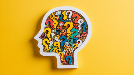 Poster - Creative question mark silhouette of a head filled with colorful marks on a yellow background