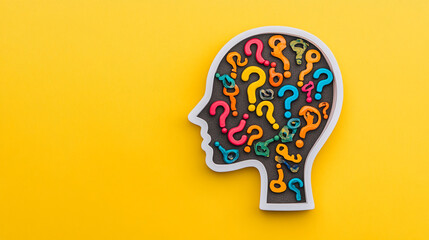 Poster - Colorful question marks forming a creative head silhouette on a vibrant yellow background